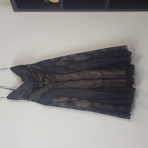 Tadashi Shoji Dresses & Skirts - Vtg TADASHI Black Lace Mesh Over Nude Strapless Cocktail Midi Dress
